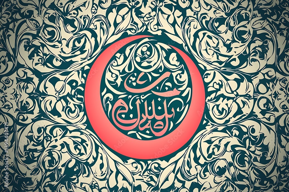 An ornamental background with floral patterns encircling decorative Arabic calligraphy