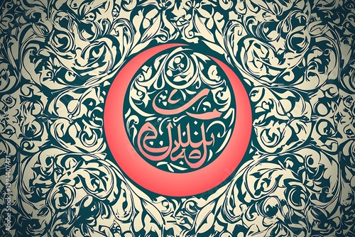 Obraz na płótnie An ornamental background with floral patterns encircling decorative Arabic calligraphy w salonie