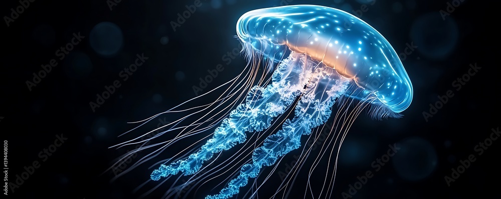Glowing translucent jellyfish swimming in the dark ocean depths gracefully