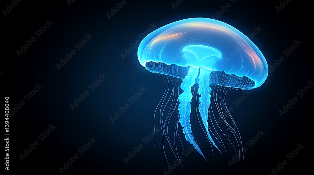 A Glowing Blue Jellyfish Floating in the Dark Deep Ocean Water