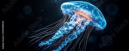Obraz na płótnie Glowing translucent jellyfish swimming in the dark ocean depths gracefully w salonie