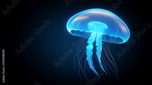 Obraz na płótnie A Glowing Blue Jellyfish Floating in the Dark Deep Ocean Water w salonie