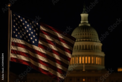 U.S. flag at night with Capitol building in background representing American political symbolism