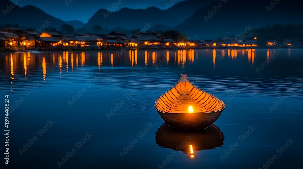 A serene night scene of a lit boat on reflective water