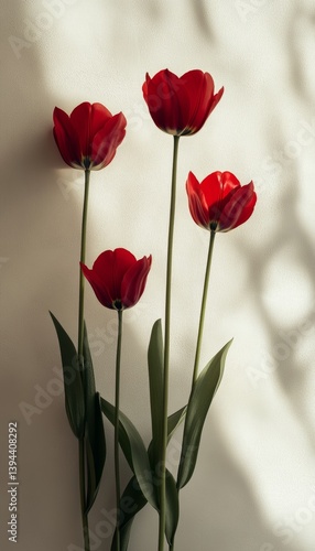 Four Vibrant Red Tulips on Stems Against a White Background, Minimalist Floral Arrangement