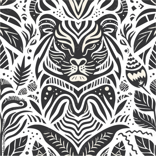 Seamless black and white floral pattern with vintage flower and leaf vector design