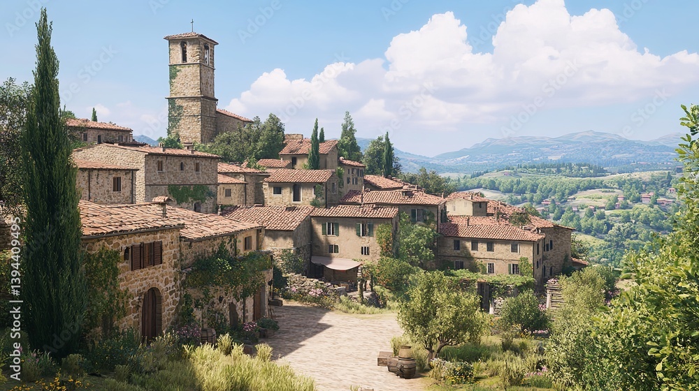 Charming Tuscan Hilltop Village under a Sunny Sky Vibrant Stone Houses and Rolling Hills Breathtaking Italian Landscape Charming Tuscan Hilltop Village under a Sunny Sky Vibrant Stone Houses and Rolling Hills Breathtaking Italian Landscape