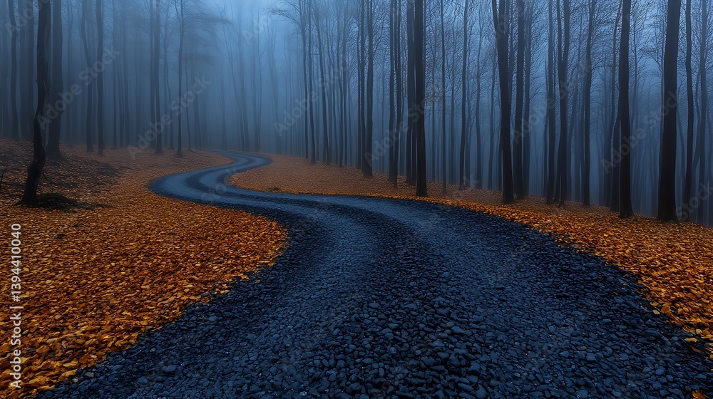 A winding road through a foggy forest in an autumn scene