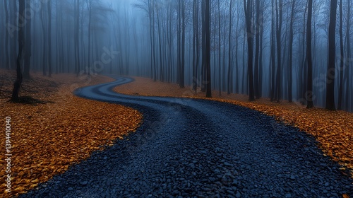 Obraz na płótnie A winding road through a foggy forest in an autumn scene w salonie