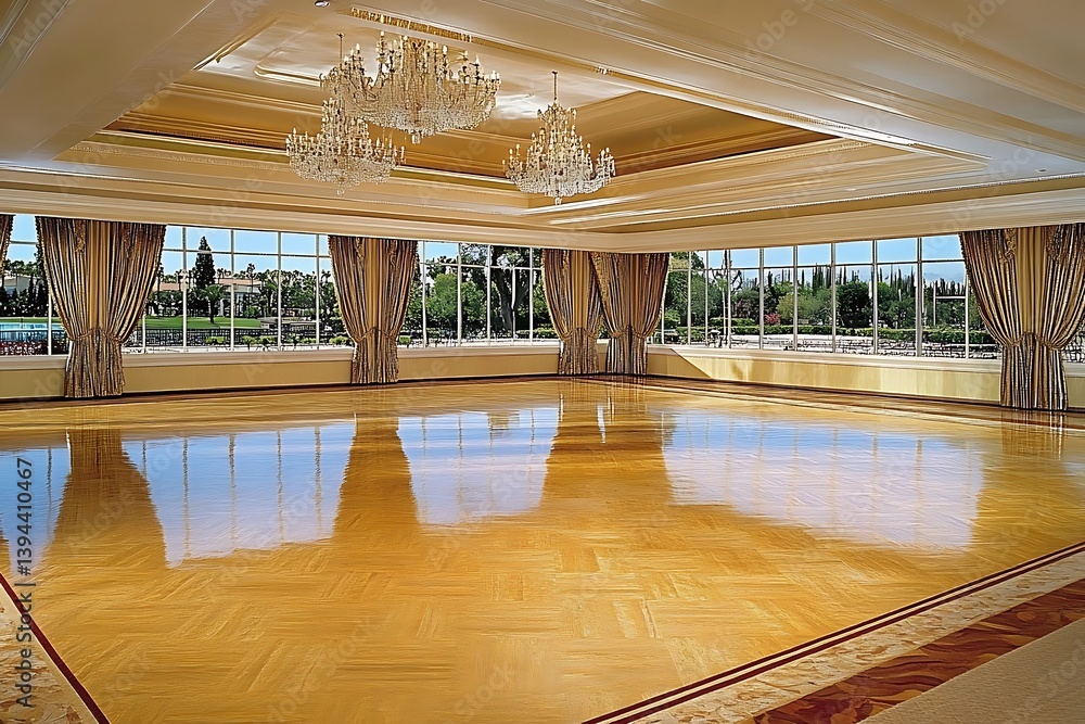 A grand ballroom interior featuring chandeliers and large windows with curtains