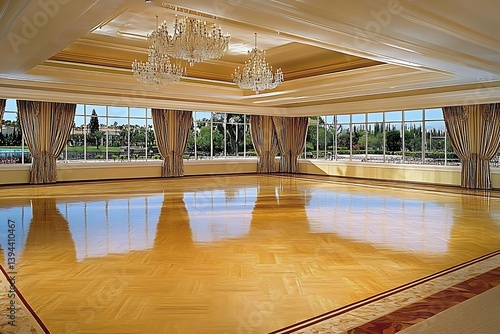 A grand ballroom interior featuring chandeliers and large windows with curtains