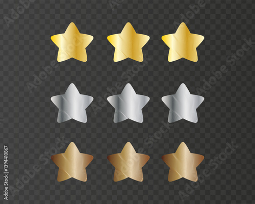 Set of gold, silver and bronze stars with metallic texture. Glossy rating elements isolated on transparent background