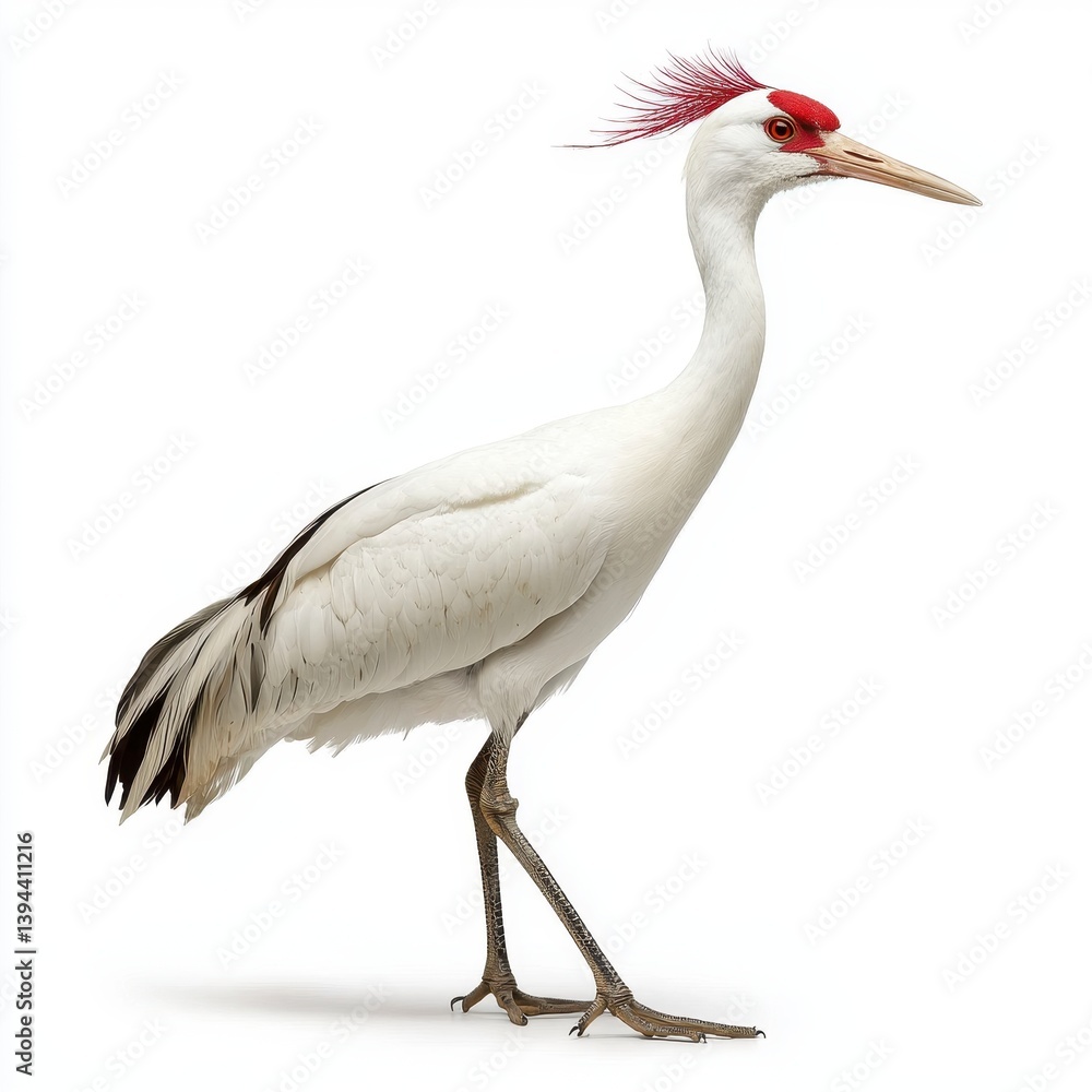 Elegant White Crane with Red Crown on White Background, Generative AI. Elegant White Crane with Red Crown on White Background, Generative AI.