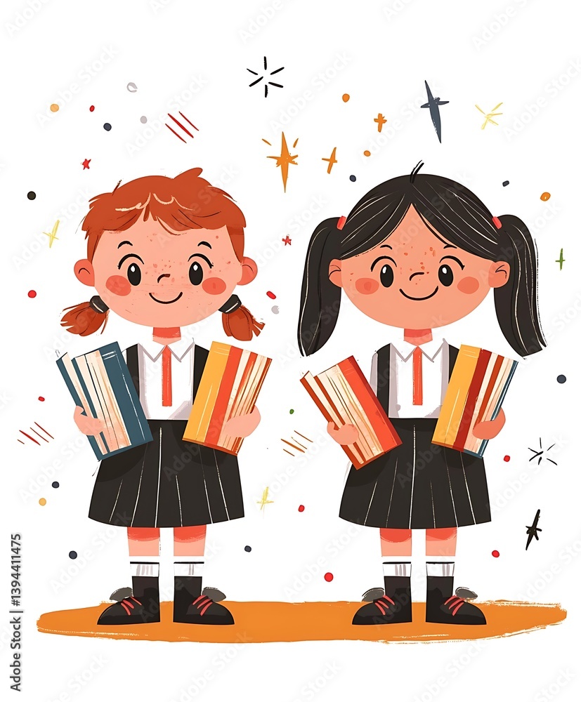 Two smiling young schoolgirls holding books and wearing matching uniforms