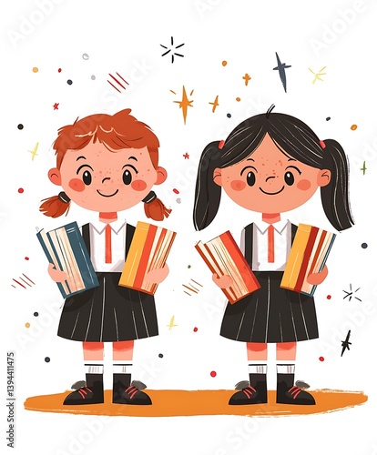 Obraz na płótnie Two smiling young schoolgirls holding books and wearing matching uniforms w salonie