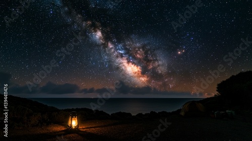 Wallpaper Mural Starry night sky over ocean with lantern coastal landscape night photography serene atmosphere wide-angle view Torontodigital.ca