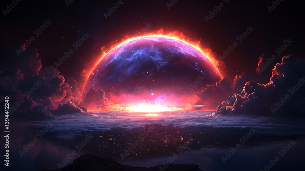 A vibrant and stunning space sphere with fiery red and purple