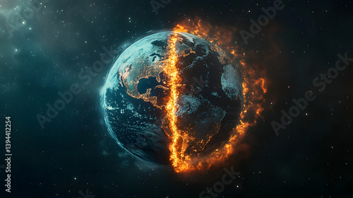 Fototapeta Naklejka Na Ścianę i Meble -  Burning Earth split in half in outer space. Global warming, climate crisis, environmental disaster, planet destruction, heatwave apocalypse, save earth concept digital ar
