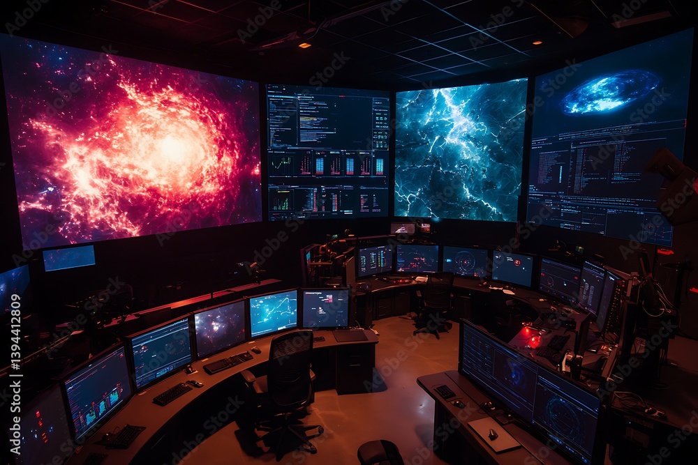 A darkened control room with multiple screens of astronomical data