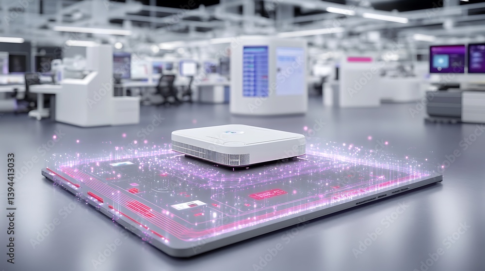 A white device rests on a tablet with digital data around