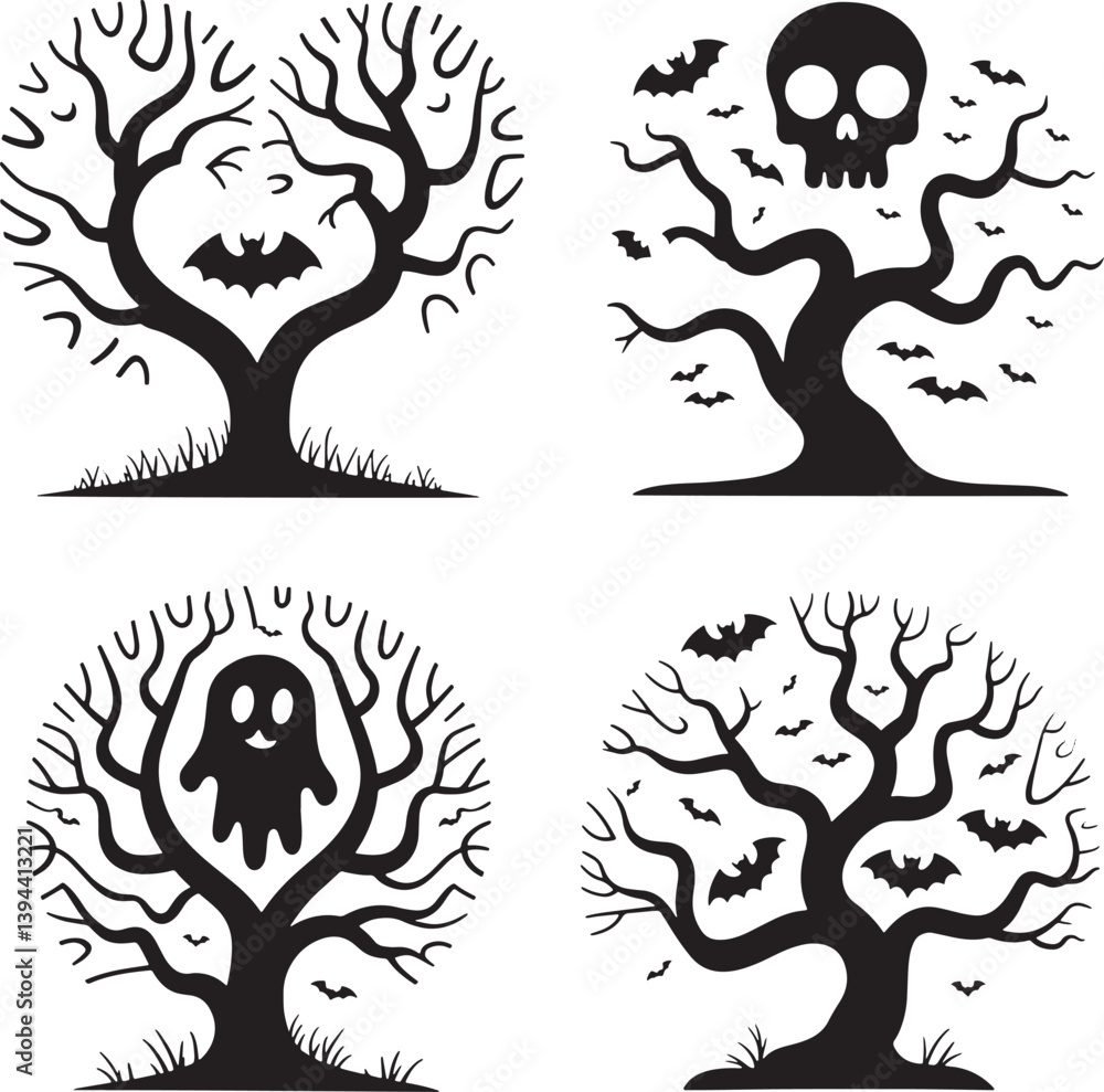 Fototapeta premium Halloween scary tree set silhouette vector illustration isolated On Transparent Background