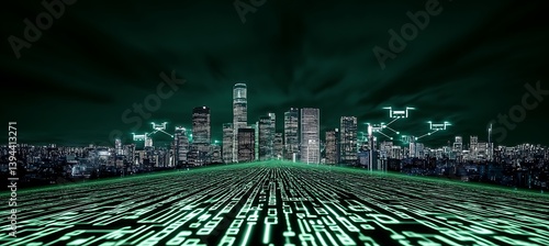 Obraz na płótnie Futuristic Digital Cityscape Illuminated With Electronic Network Data w salonie
