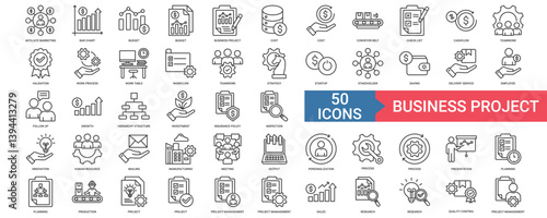 Business Project icon collection set with affiliate marketing, bar chart, budget, cost, conveyor belt	
