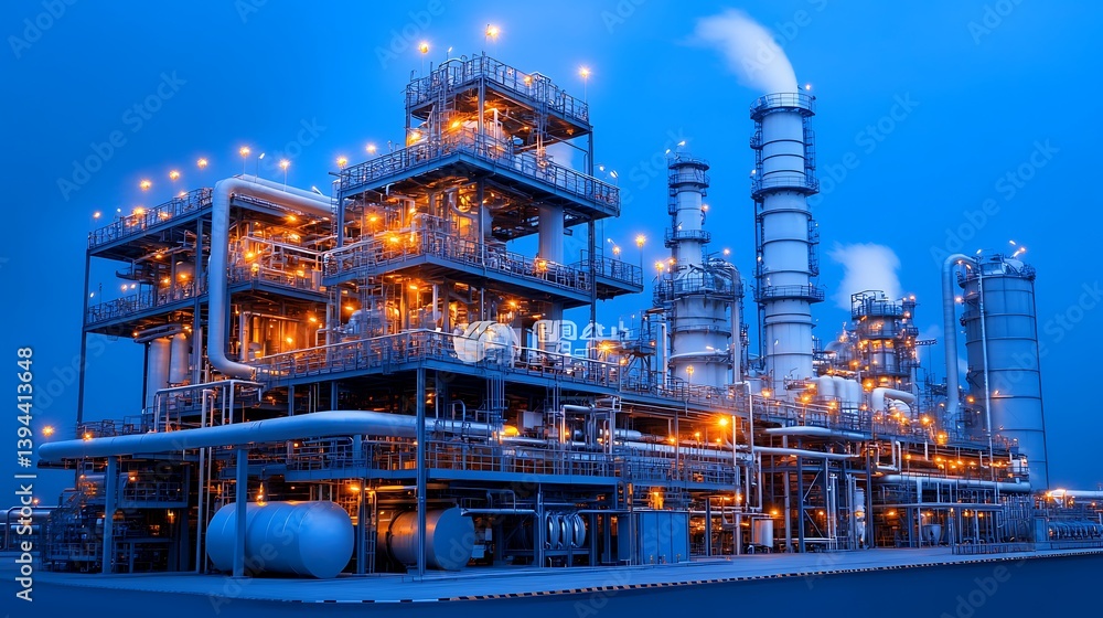 A large industrial complex under a blue evening sky