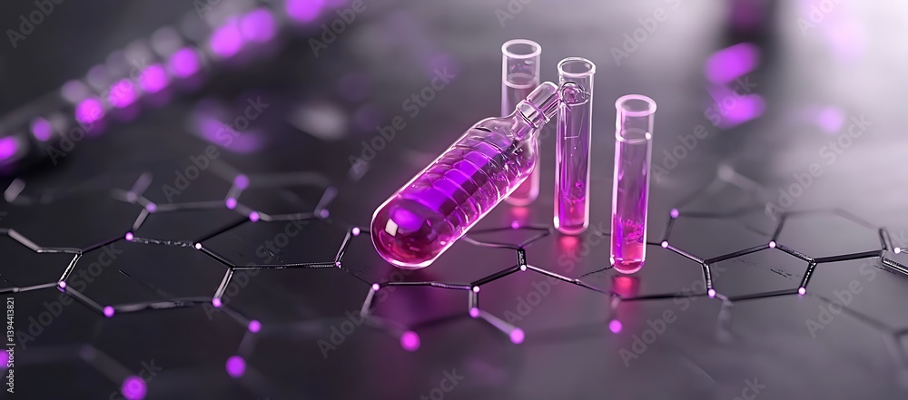 Purple liquid ampoule and test tubes on a geometric molecular surface