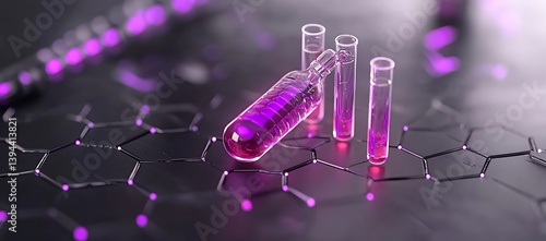 Obraz na płótnie Purple liquid ampoule and test tubes on a geometric molecular surface w salonie