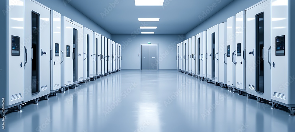 Clean white appliances lining a long symmetrical industrial hallway