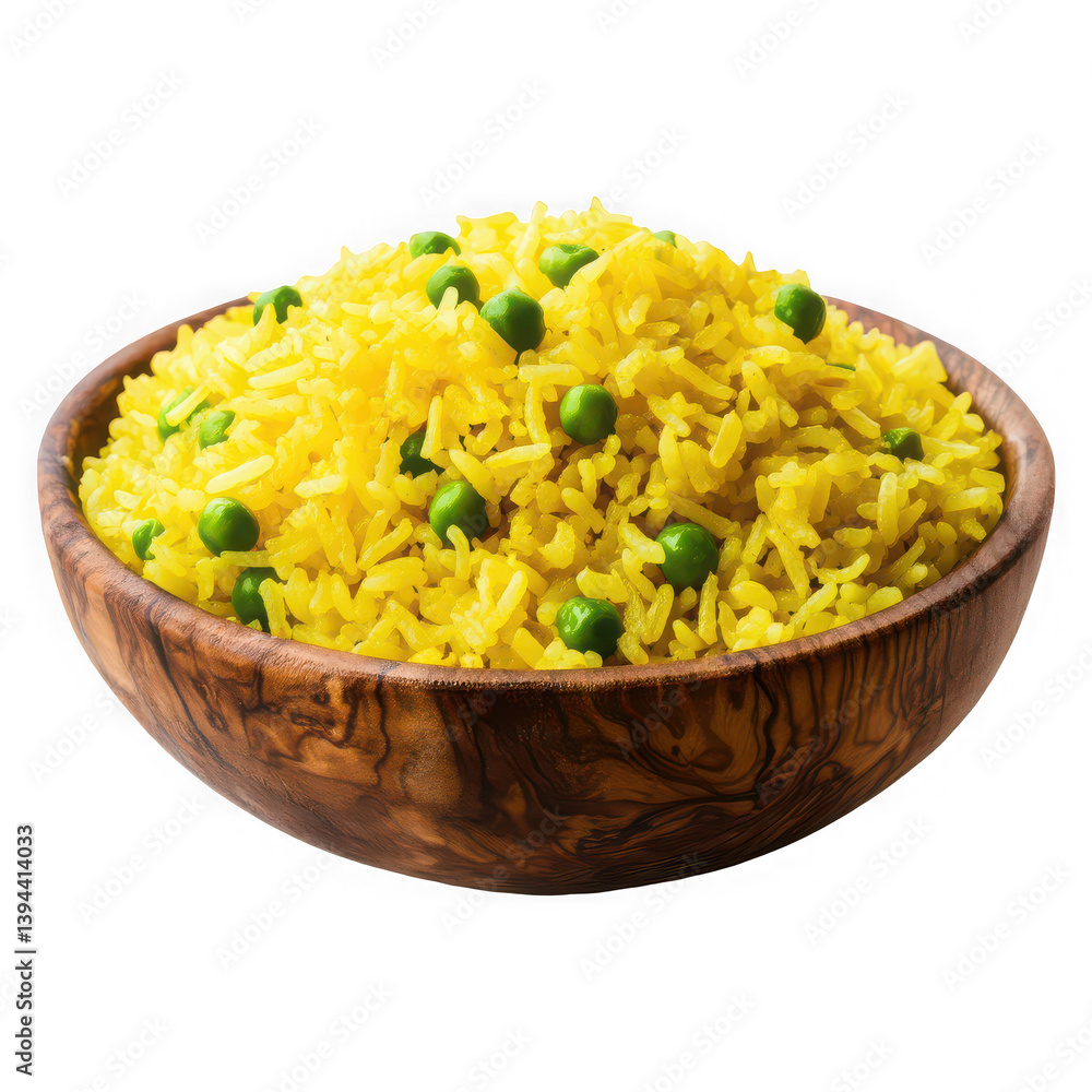 A wooden bowl filled with yellow rice and green vegetables, against a transparent background A wooden bowl filled with yellow rice and green vegetables, against a transparent background