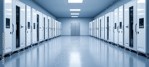 Obraz na płótnie Clean white appliances lining a long symmetrical industrial hallway w salonie