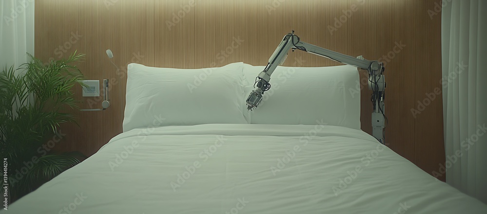 A robotic arm over a bed with white sheets and pillows