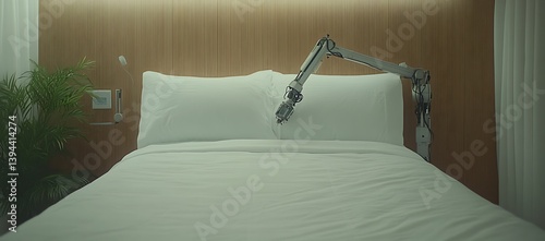Obraz na płótnie A robotic arm over a bed with white sheets and pillows w salonie