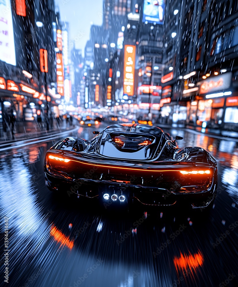 Black sports car drives through a city at nighttime in the rain