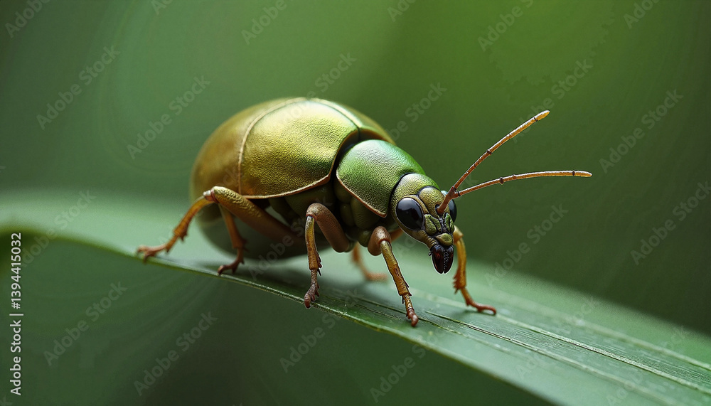 Naklejka premium Green beetle crawling on a leaf against a blurred background 