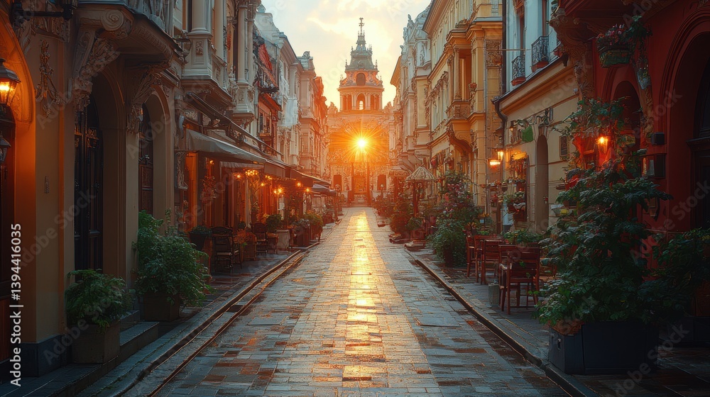 Fototapeta premium Serene sunset illuminating a charming cobblestone street lined with cafes