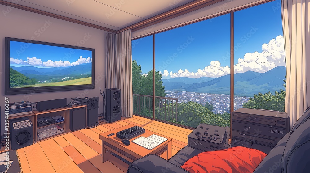 An anime style living room with amazing scenic mountain views