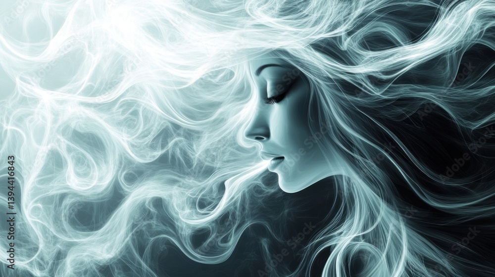 A serene silhouette of a woman with flowing hair, surrounded by ethereal wisps of smoke, creating a mystical and dreamlike atmosphere. A serene silhouette of a woman with flowing hair, surrounded by ethereal wisps of smoke, creating a mystical and dreamlike atmosphere.