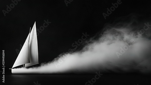  A monochrome image of a sailboat gliding atop a watery expanse, framed by wisps of gray smoke, set against a backdrop of bill