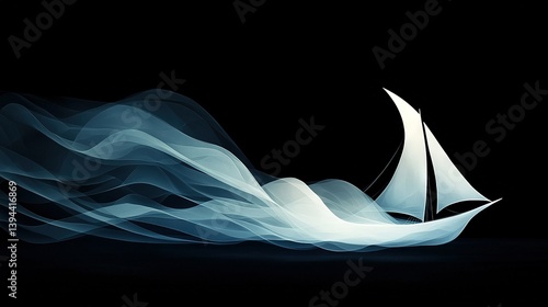   A sailboat glides atop a serene waterway alongside a smoky vessel