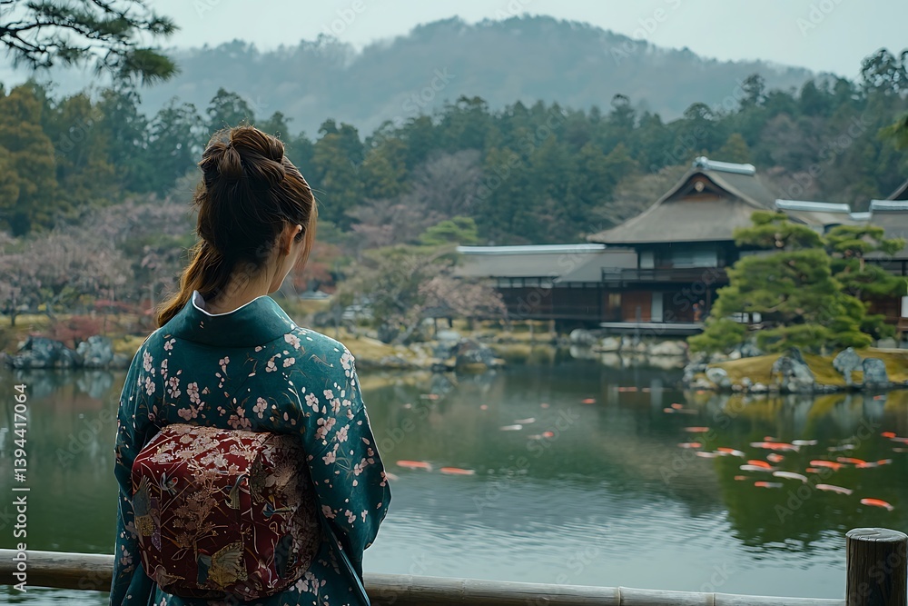 A woman views a scenic landscape in a traditional garment