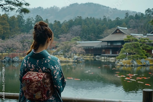 A woman views a scenic landscape in a traditional garment