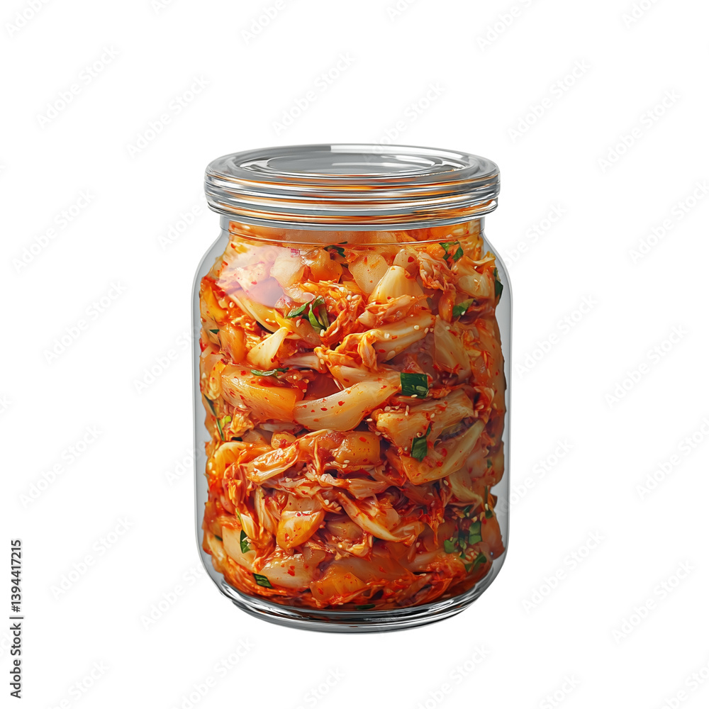A jar filled with colorful Kimchi, shredded vegetables, likely a type of kimchi or pickled dish, set against a plain background. isolated on white background and transparent background A jar filled with colorful Kimchi, shredded vegetables, likely a type of kimchi or pickled dish, set against a plain background. isolated on white background and transparent background