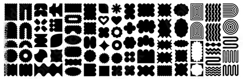 Psychedelic y2k squiggle frame, groovy brutal shape, pattern, doodle flower, circle, star, floral tag, label, text message box and brutalist silhouette icon in retro framework with wavy zigzag edge.