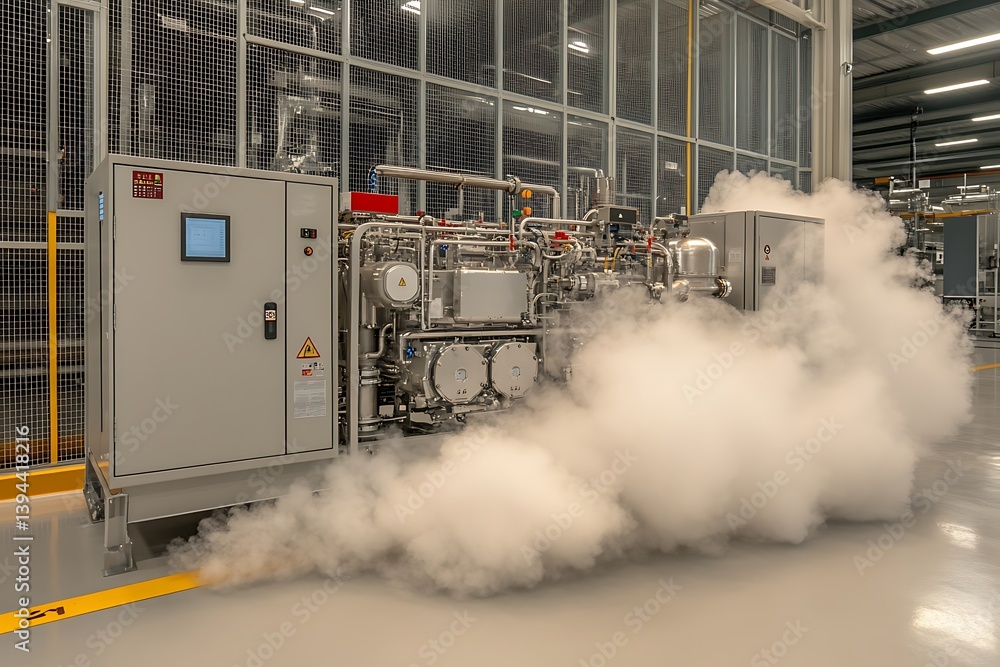 Industrial machinery is shrouded in a cloud of vapor for observation purposes