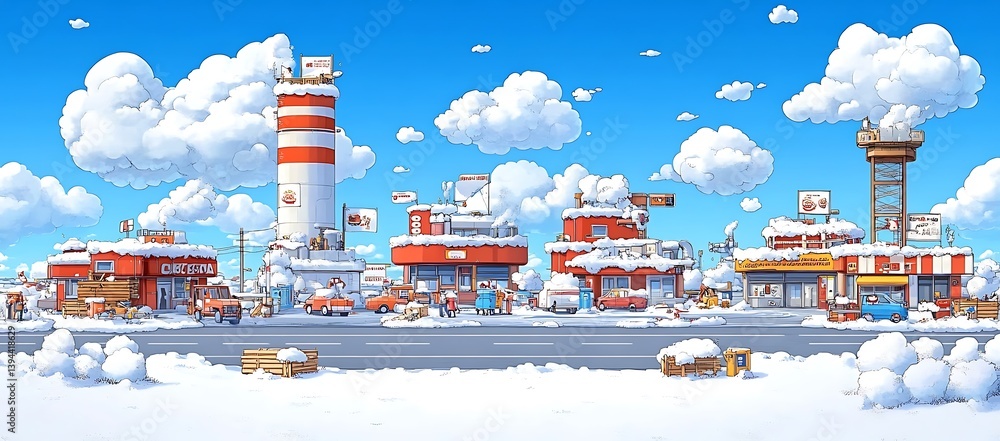 A winter cityscape featuring snow covered buildings under a bright blue sky