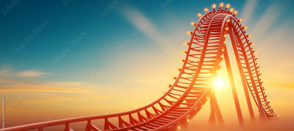 A large roller coaster track against a beautiful sunset sky