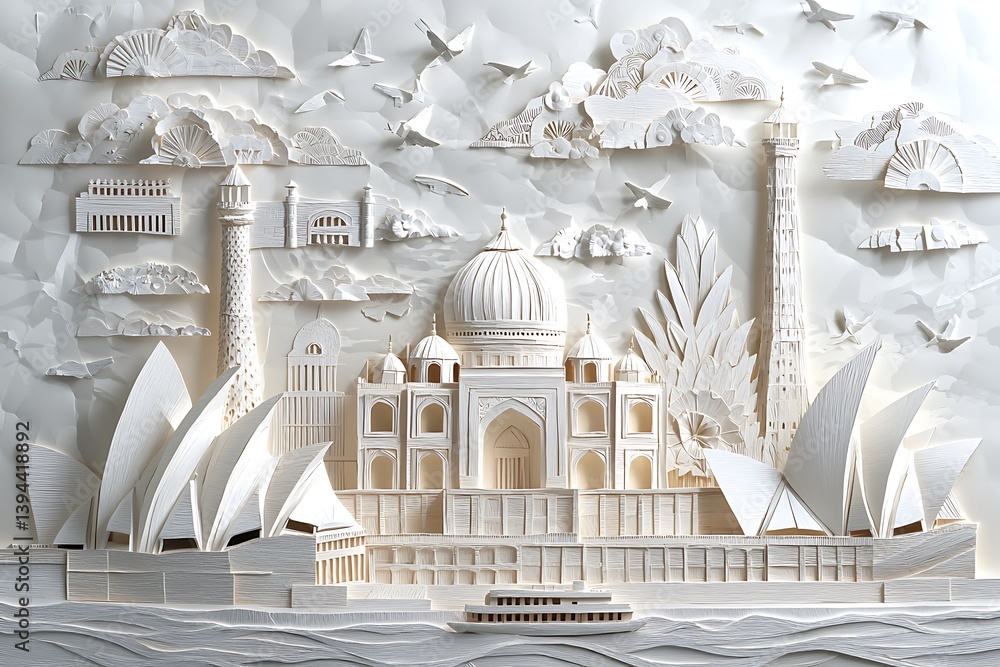 Paper art depicting a world tour featuring famous architectural landmarks